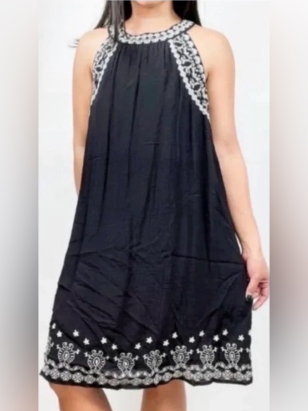 THML Black Mini Dress with White Floral Embroidery